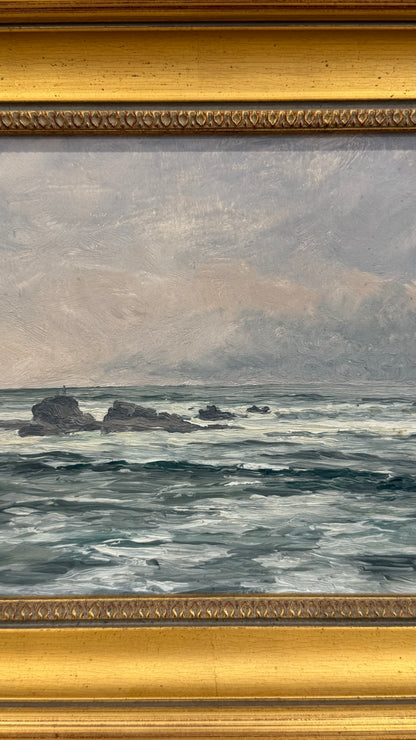 Antique British Marine Oil Painting, Rocky Coastal Seascape, Circa 1900