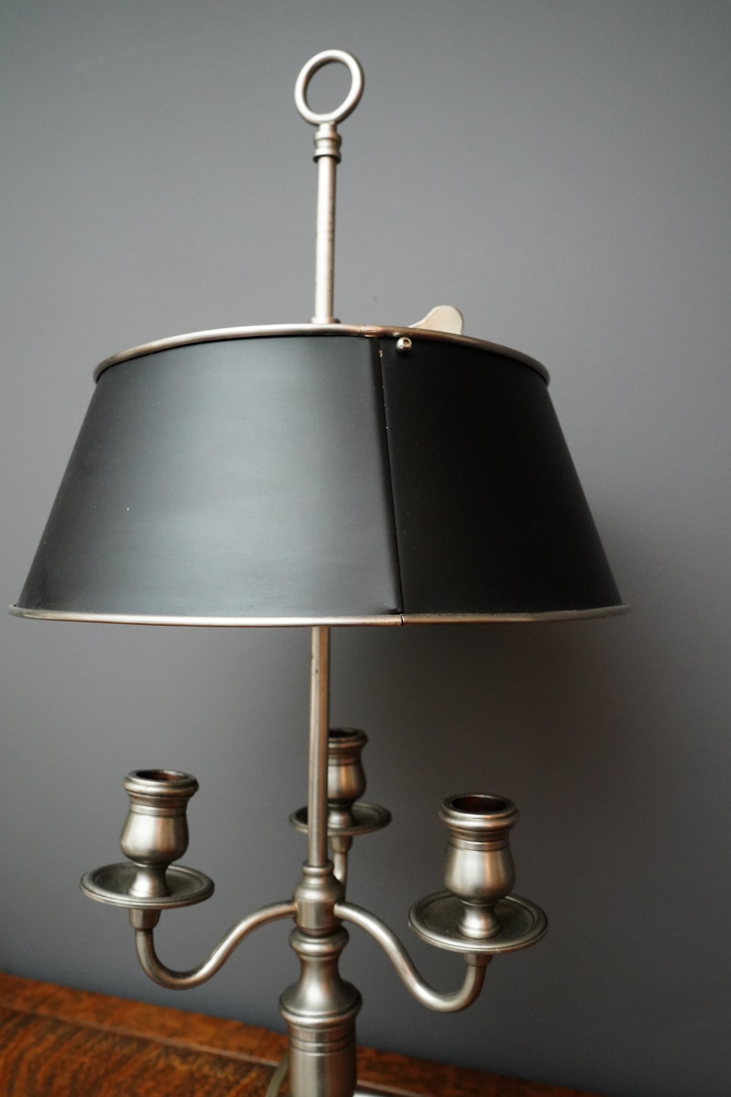French Bouillotte Style Pewter-Toned Table Lamp with Adjustable Black Tole Shade