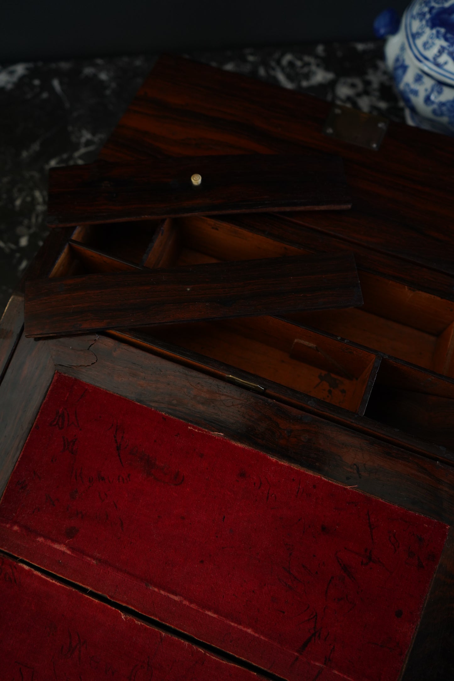 Antique Rosewood Writing Slope with Velvet Writing Surface and Inscriptions, Mid-19th Century