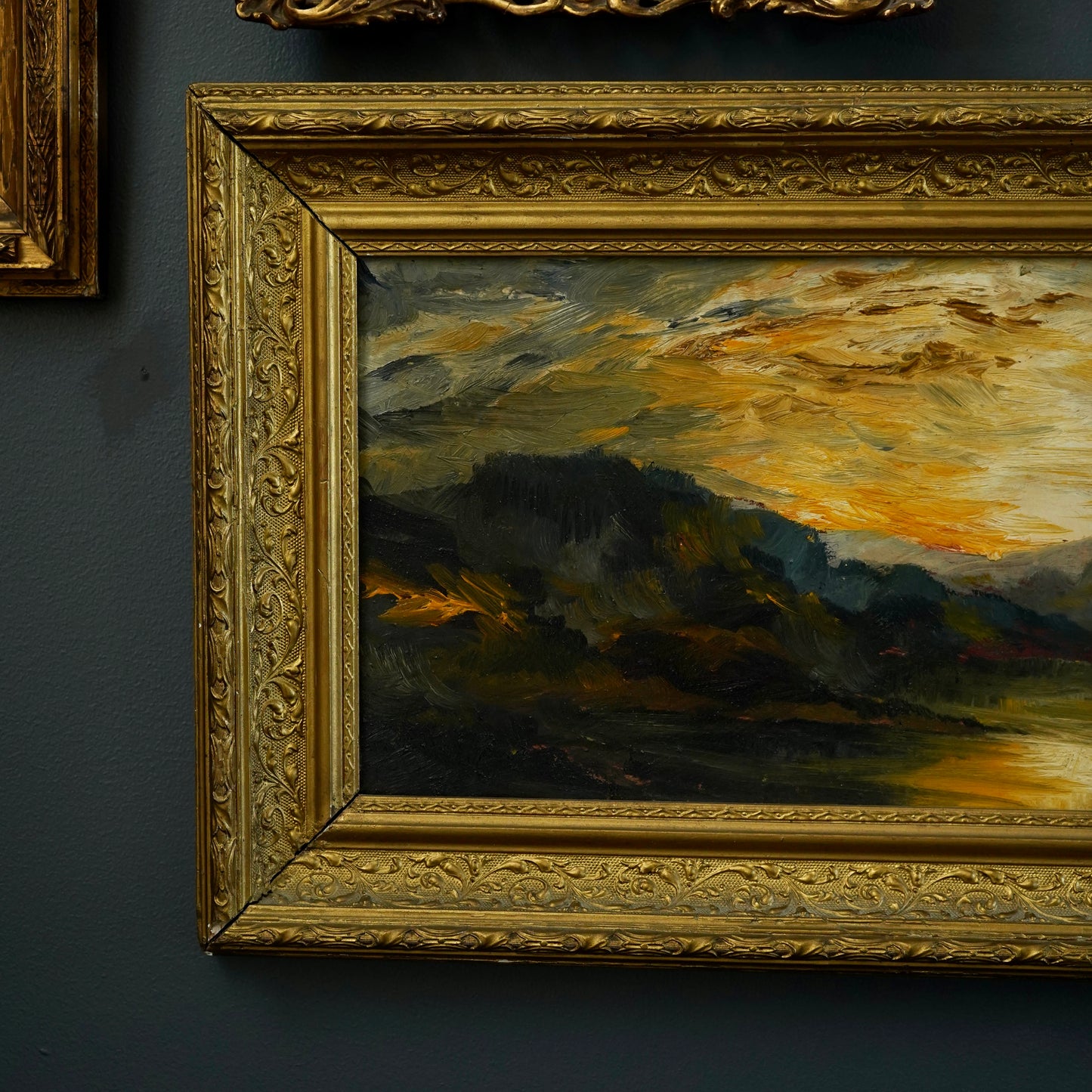 Early 20th Century Impressionist Oil Painting | Sunset Over River Valley in Gilt Frame