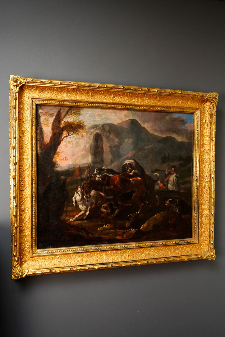 18th Century French Stag Hunt Oil Painting, Fontainebleau Tradition