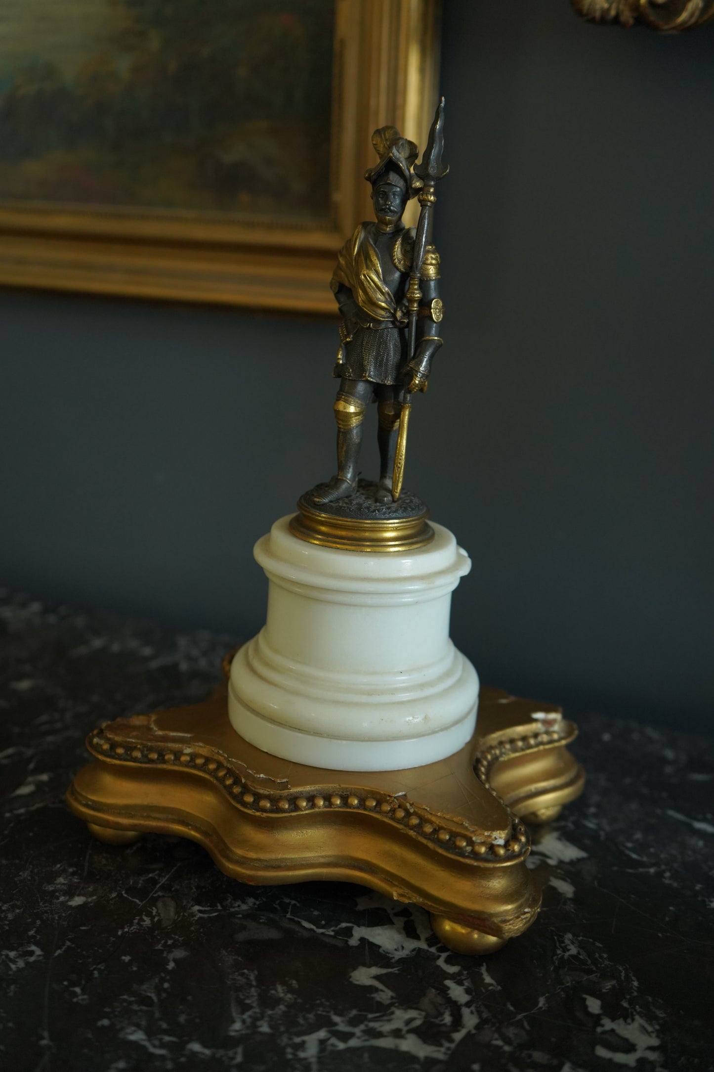 Antique French Bronze Renaissance Soldier Figure on Marble and Giltwood Base Circa 1880