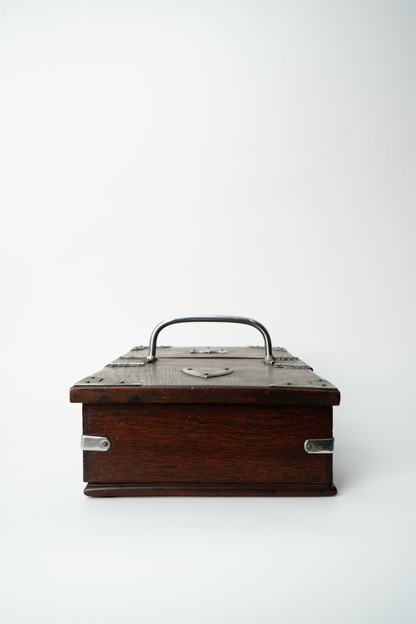 Antique Edwardian Oak & Silver-Plated Two-Compartment Stationery Box with Handle