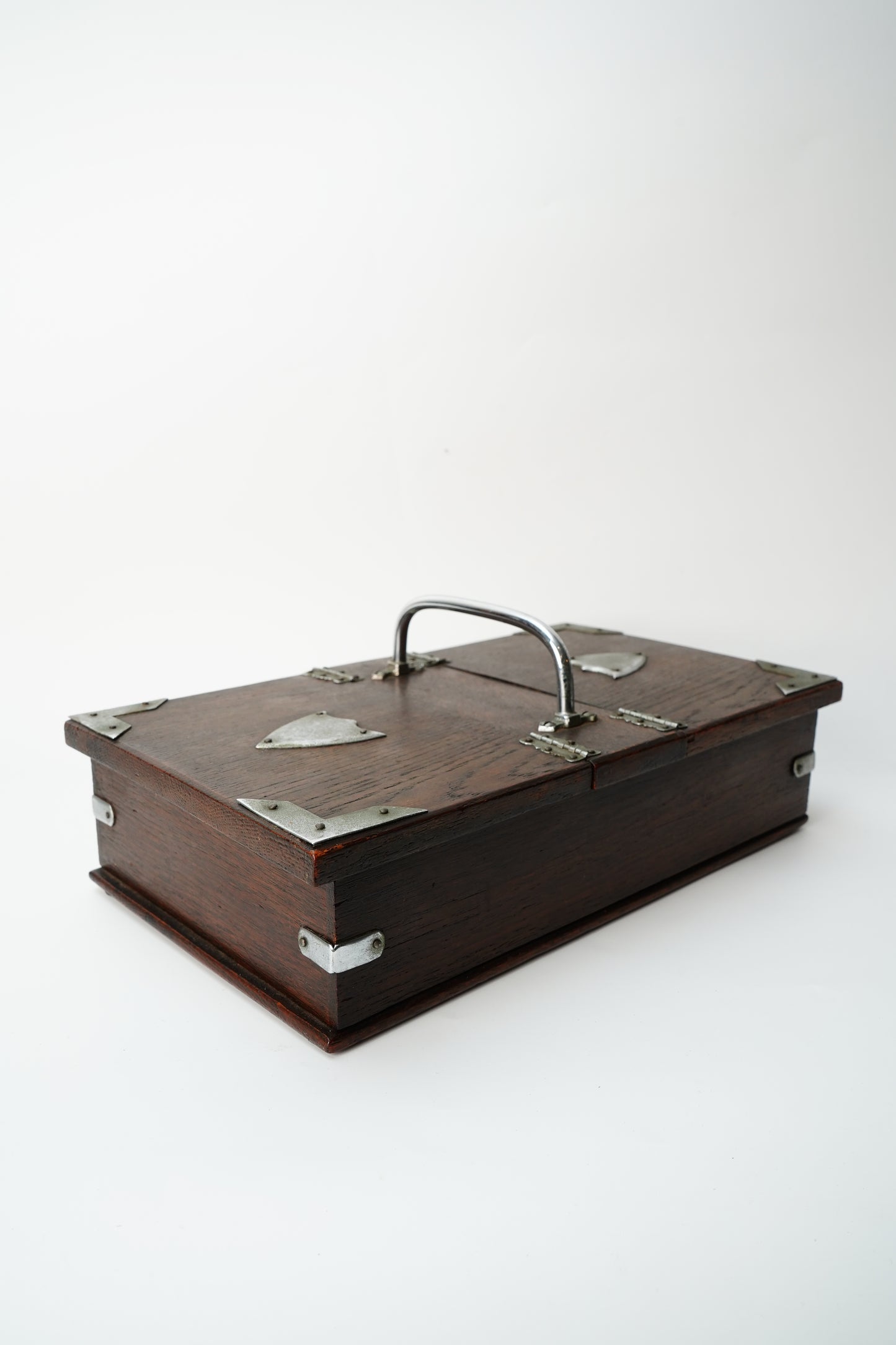 Antique Edwardian Oak & Silver-Plated Two-Compartment Stationery Box with Handle