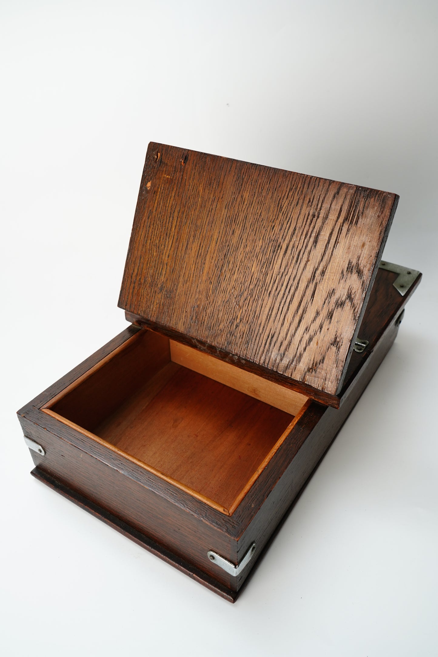 Antique Edwardian Oak & Silver-Plated Two-Compartment Stationery Box with Handle