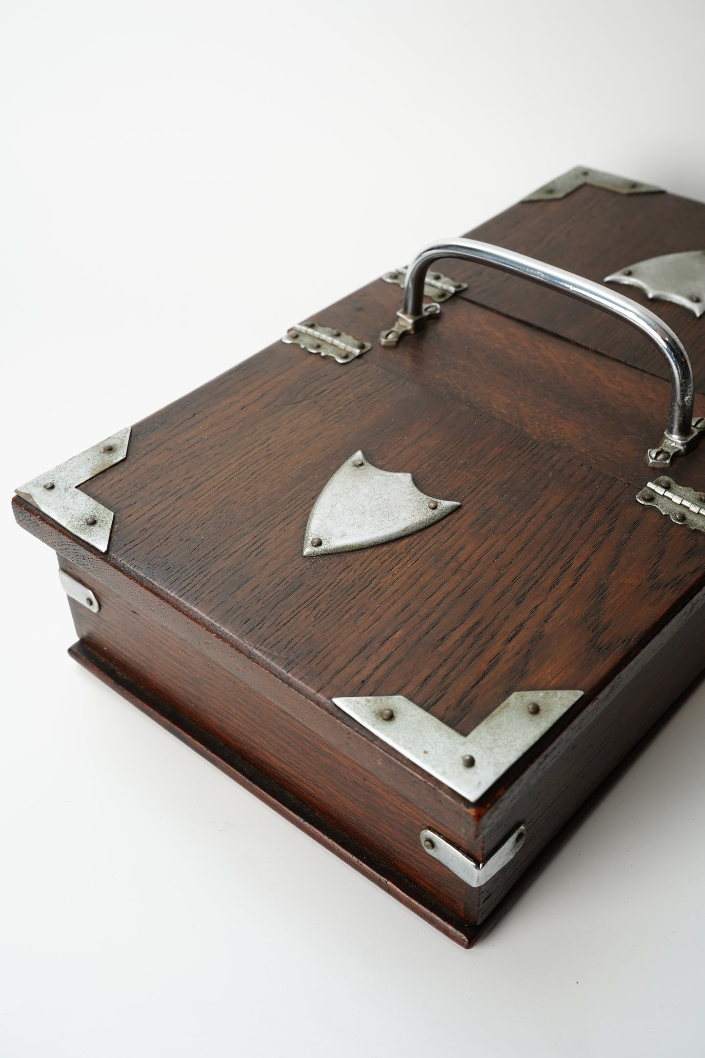 Antique Edwardian Oak & Silver-Plated Two-Compartment Stationery Box with Handle