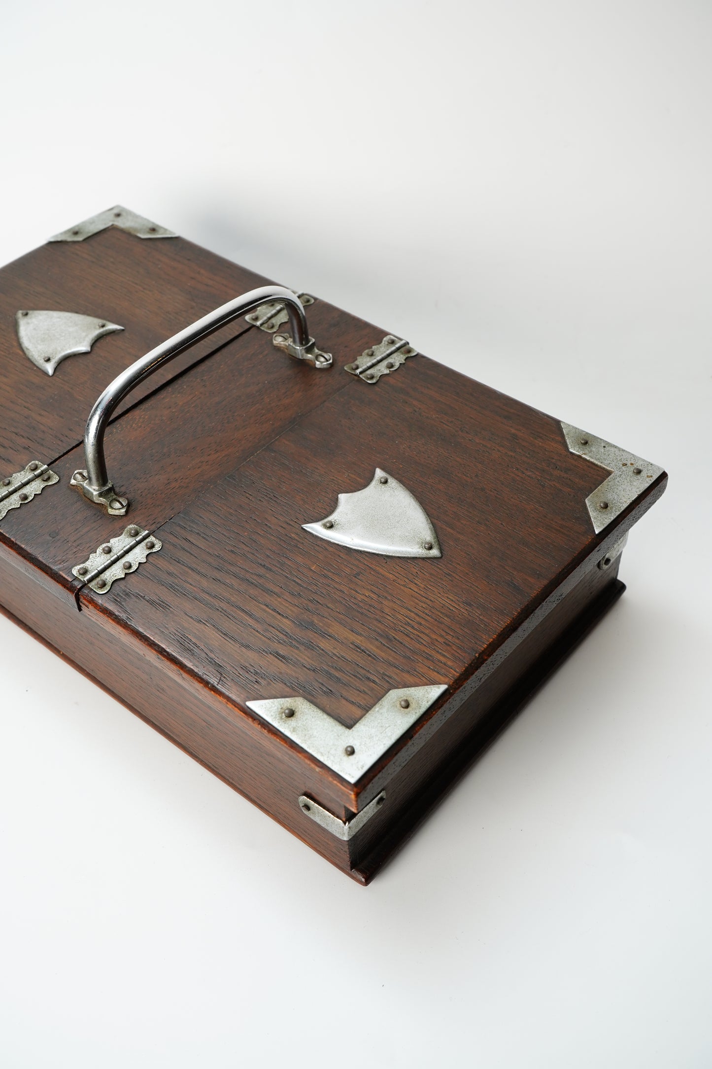 Antique Edwardian Oak & Silver-Plated Two-Compartment Stationery Box with Handle