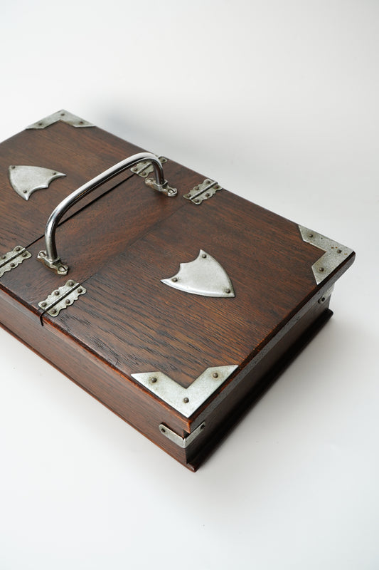 Antique Edwardian Oak & Silver-Plated Two-Compartment Stationery Box with Handle