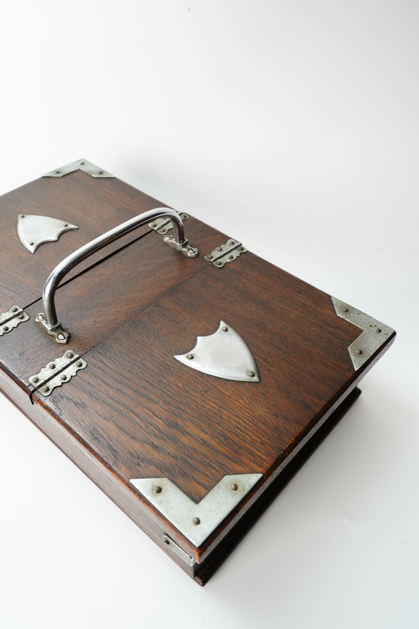 Antique Edwardian Oak & Silver-Plated Two-Compartment Stationery Box with Handle