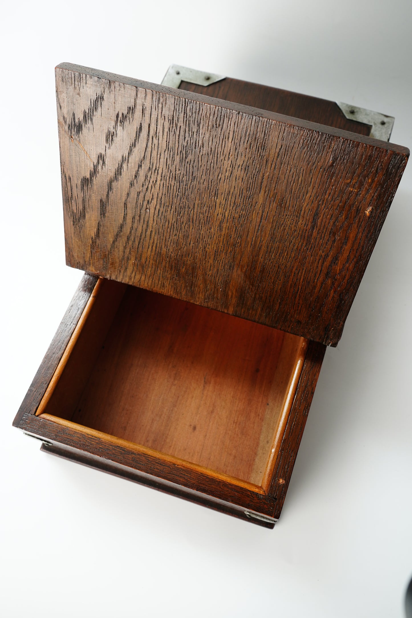 Antique Edwardian Oak & Silver-Plated Two-Compartment Stationery Box with Handle