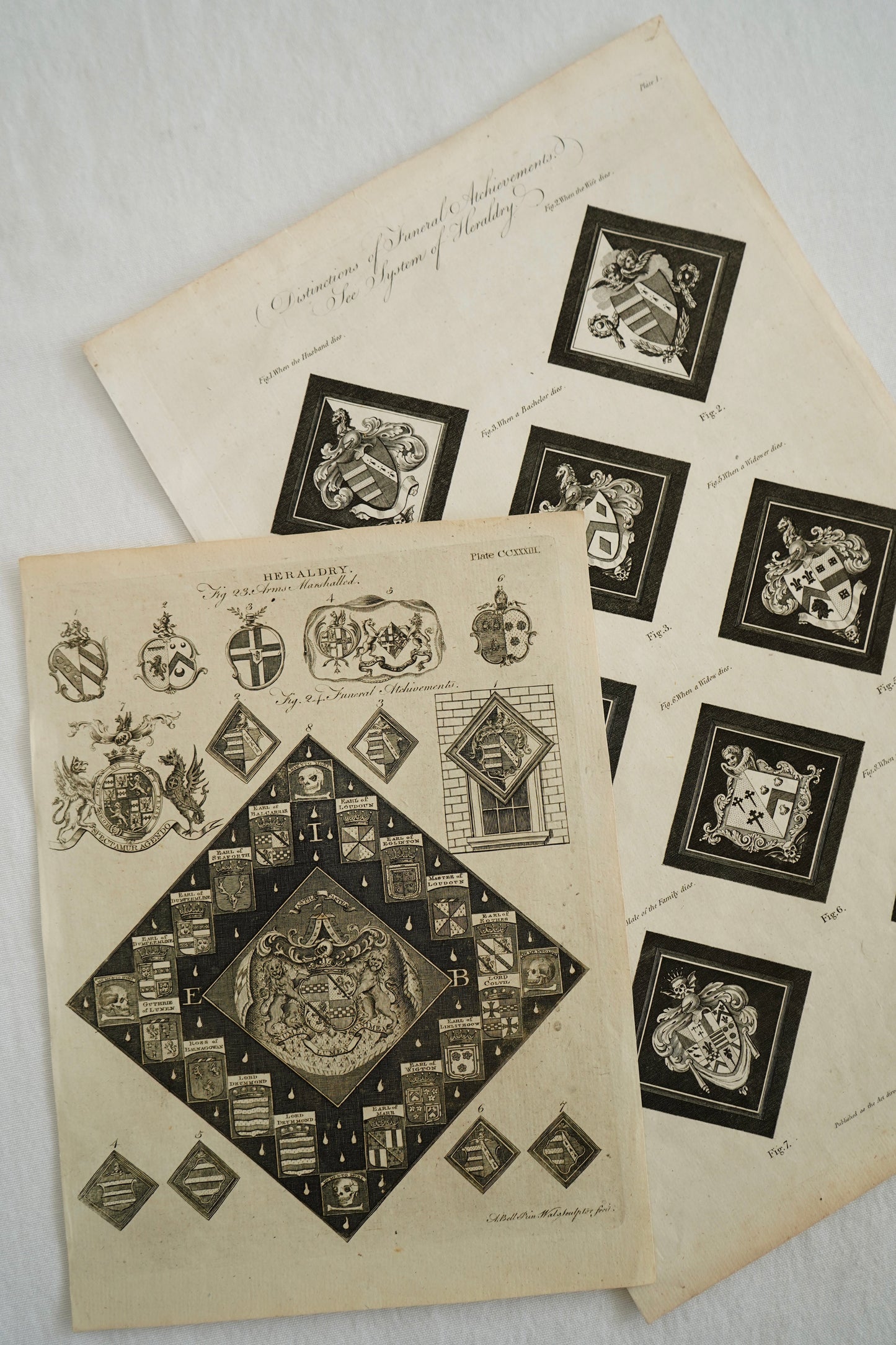 Antique Georgian Heraldry Engraving, Funeral Hatchments Diagram, c. 1790s, Plate 1