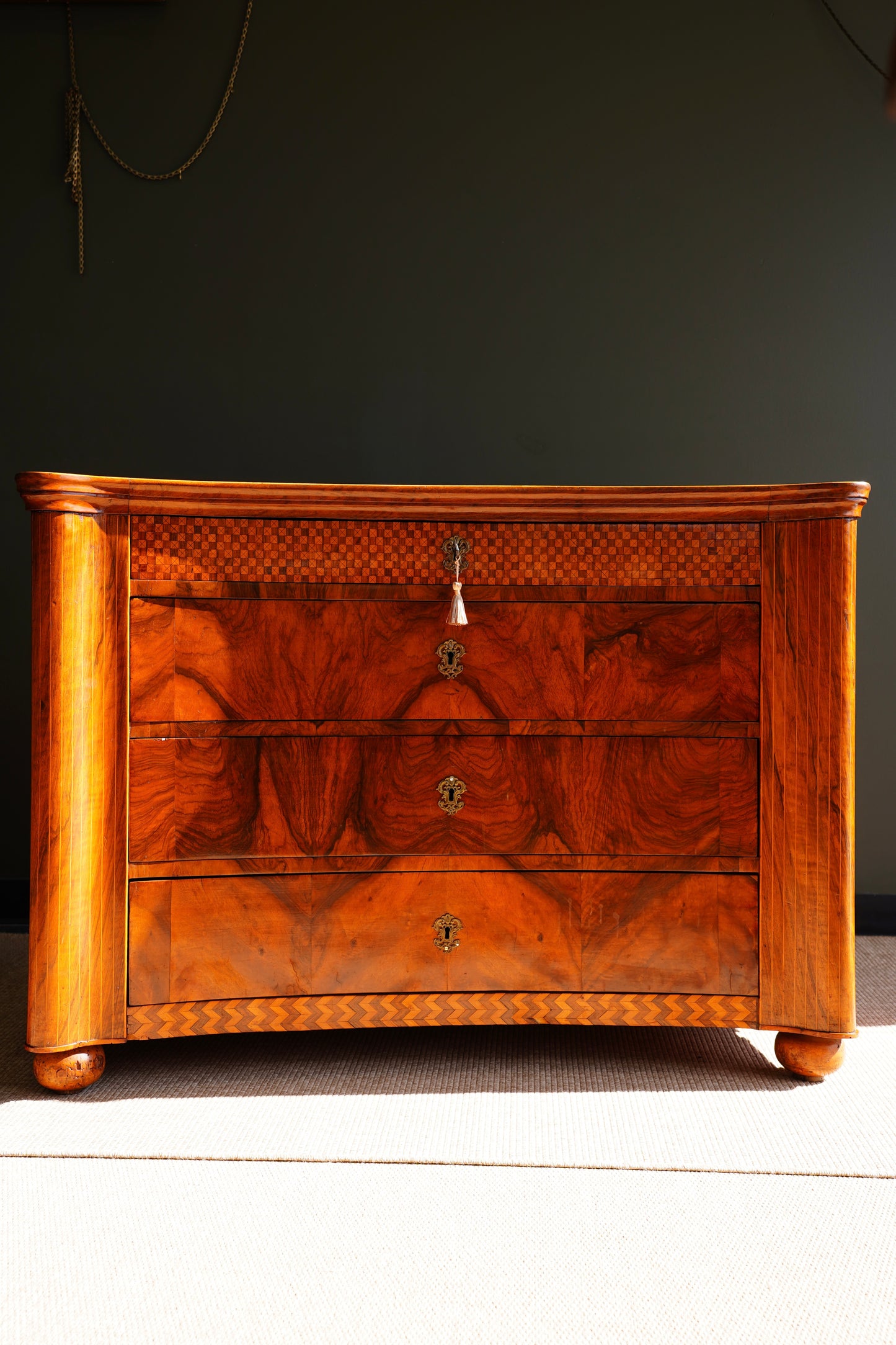 Antique Walnut Parquetry Commode with Side Cabinets