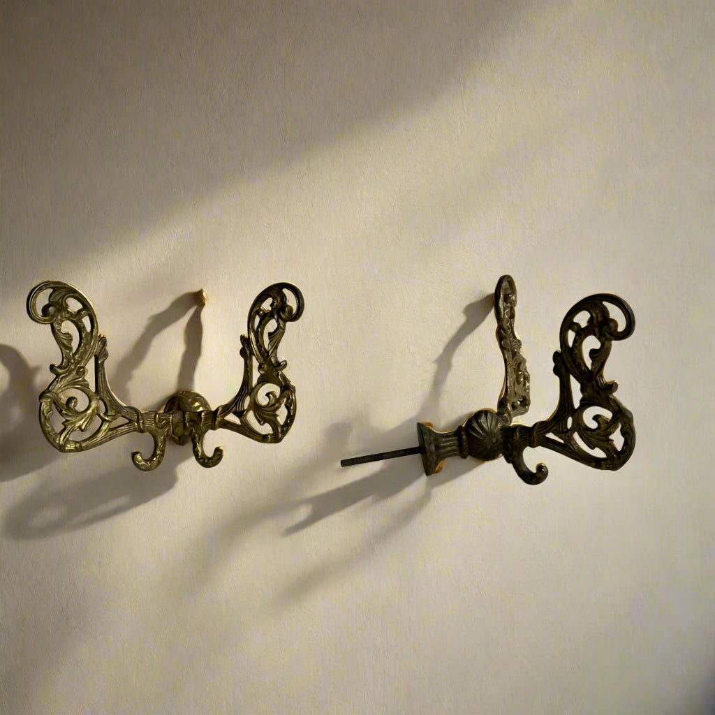 Large Antique Late-Victorian Cast-Brass Filigree Double Wall Hooks (Pair)