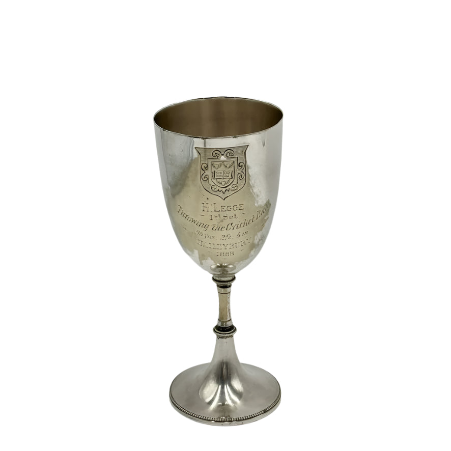 Antique English Silver Plated Trophy Goblet, "Haileybury College Throwing Cricket Ball Trophy Victorian 1888"