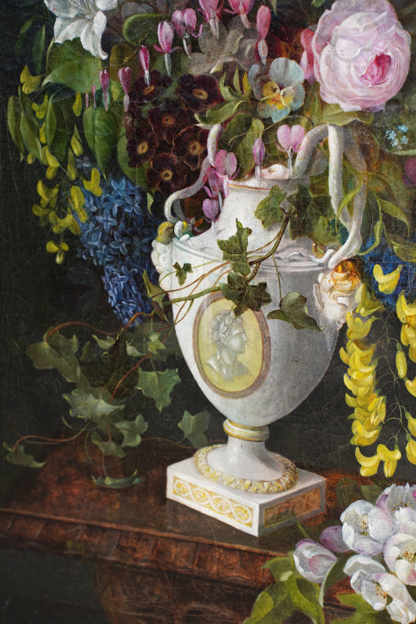 Antique Floral Still Life Oil Painting of Flowers in a Porcelain Urn secondary view