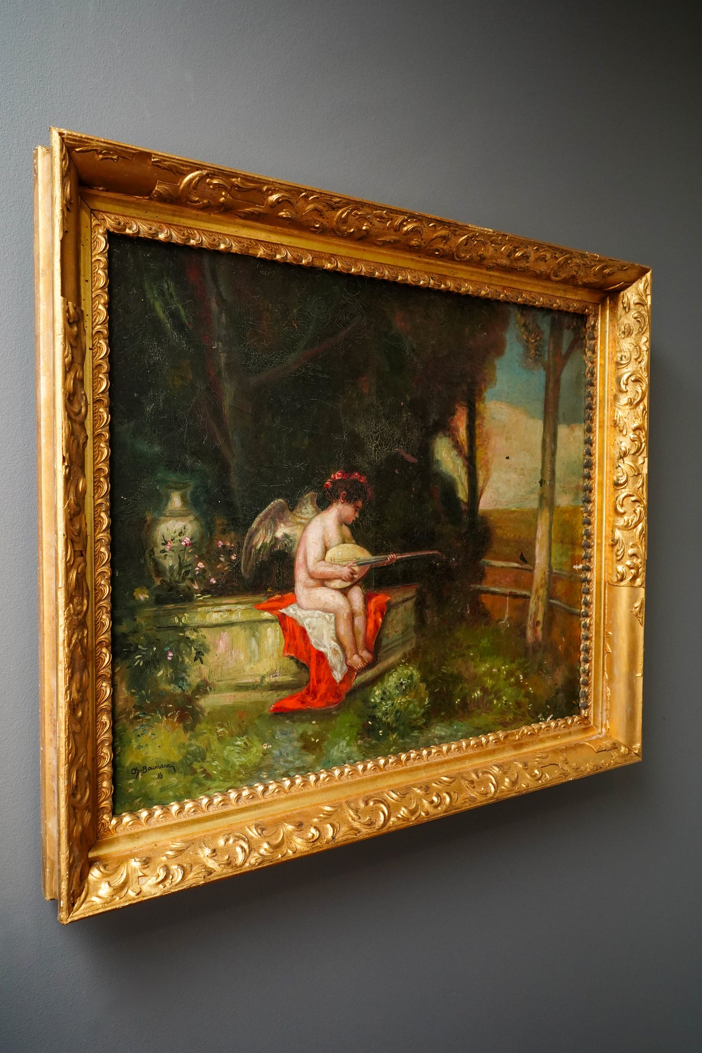 Antique Putti Oil Painting with Lute, Signed Baumann, Classical Garden Scene