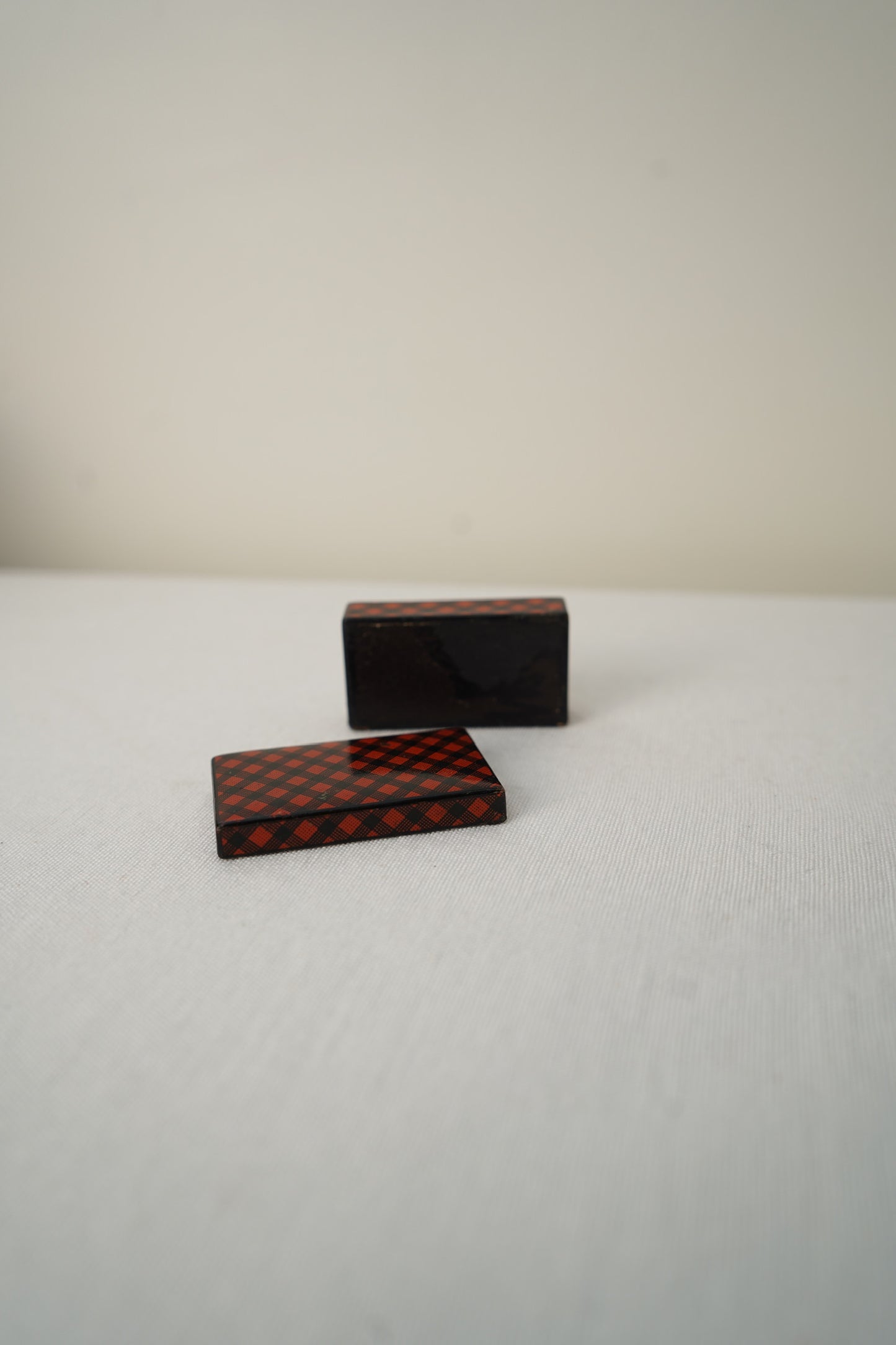 Antique Victorian Scottish Tartanware Box, Painted Red and Black Tartan, c. 1860–1890