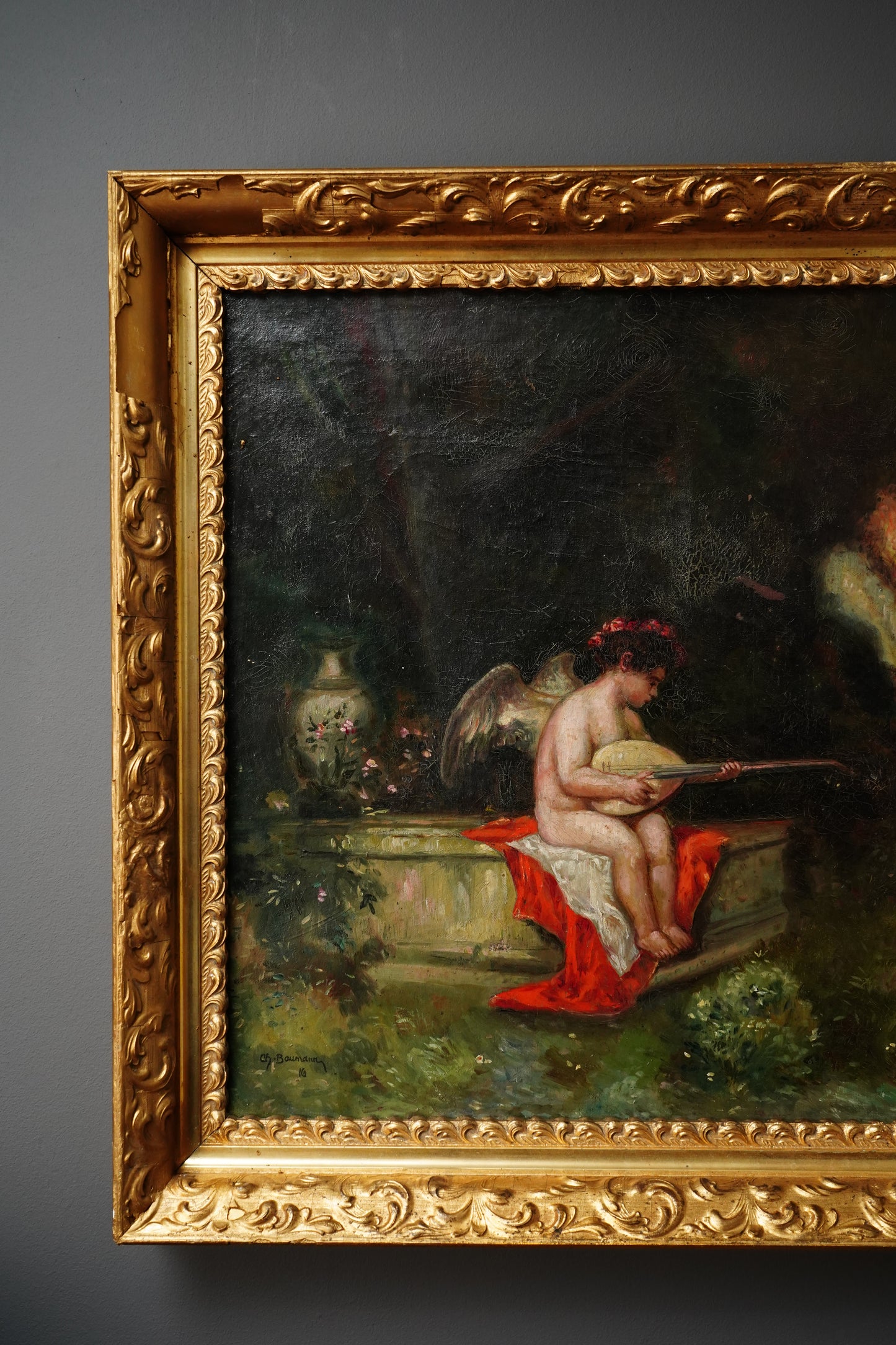 Antique Putti Oil Painting with Lute, Signed Baumann, Classical Garden Scene