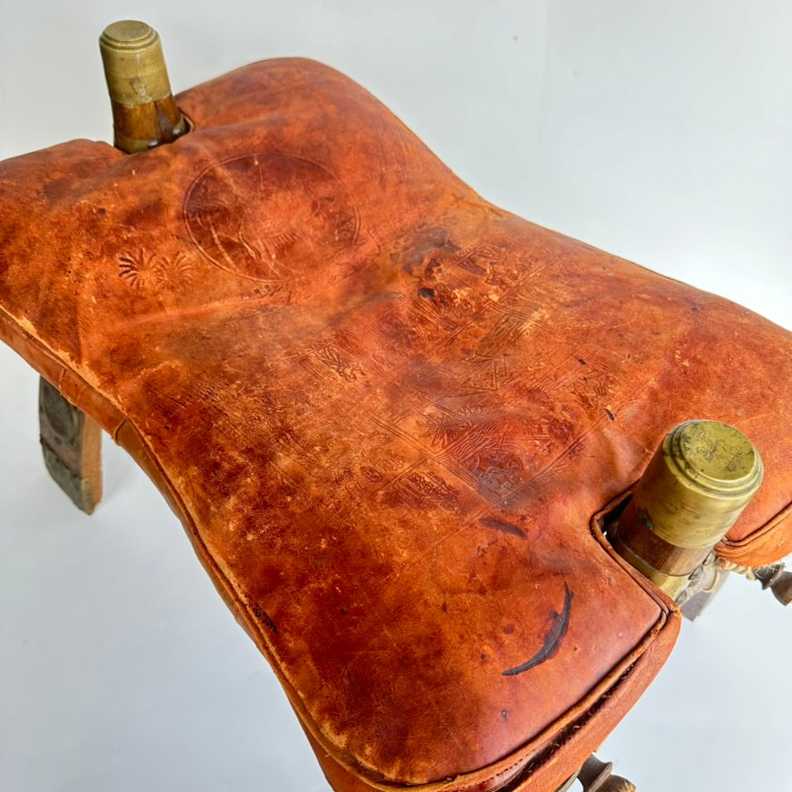 Vintage Middle Eastern Camel Saddle Stool with Embossed Leather Cushion & Brass Accents (c. 1950s)
