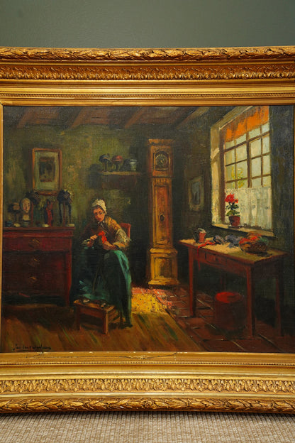 Antique Belgian Interior Oil Painting