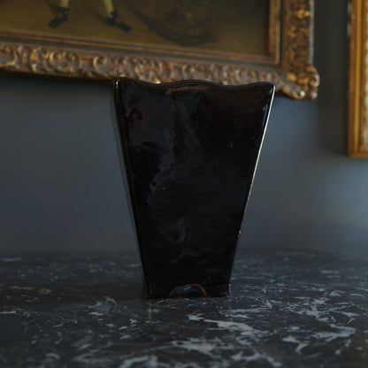 Mid-Century Japanese Black Tenmoku Glazed Terracotta Bonsai Pot | Wabi-Sabi Folk Craft Planter (8.75")