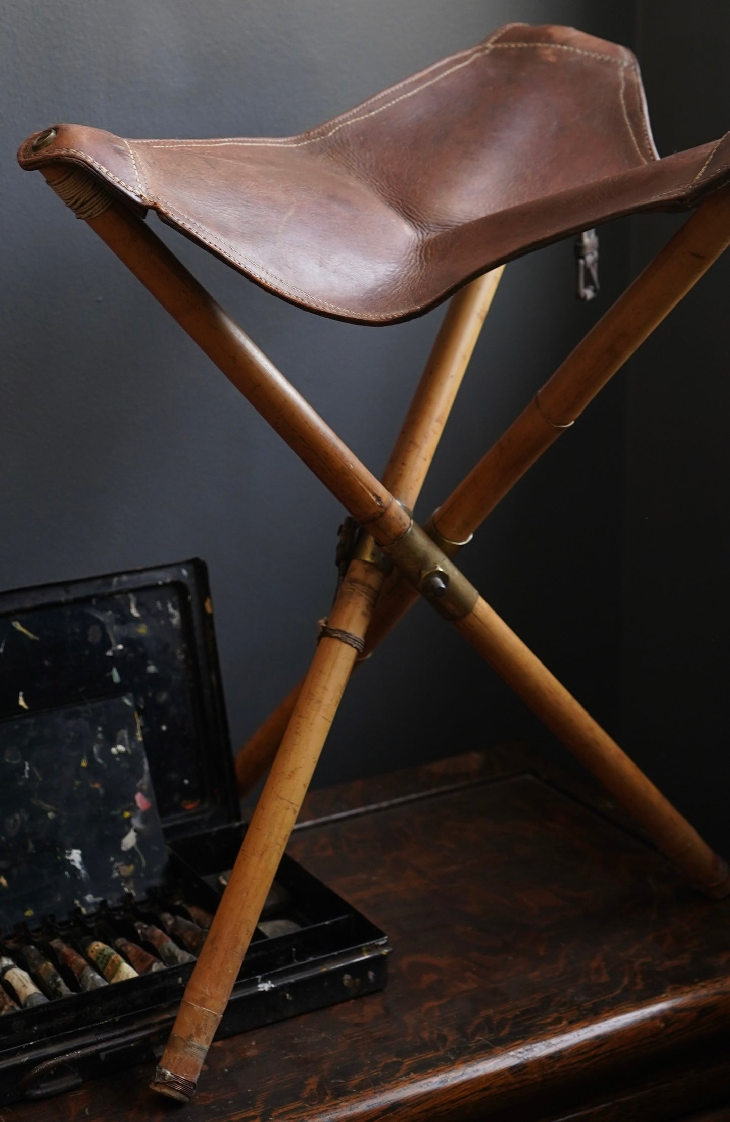 Vintage British Artist Paint Kit with Folding Stool, Easel, Palette and Paint Box