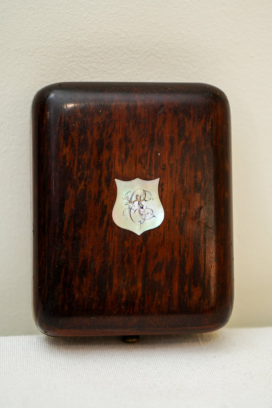 Antique Rosewood Pocket Watch Box with Mother-of-Pearl Monogram