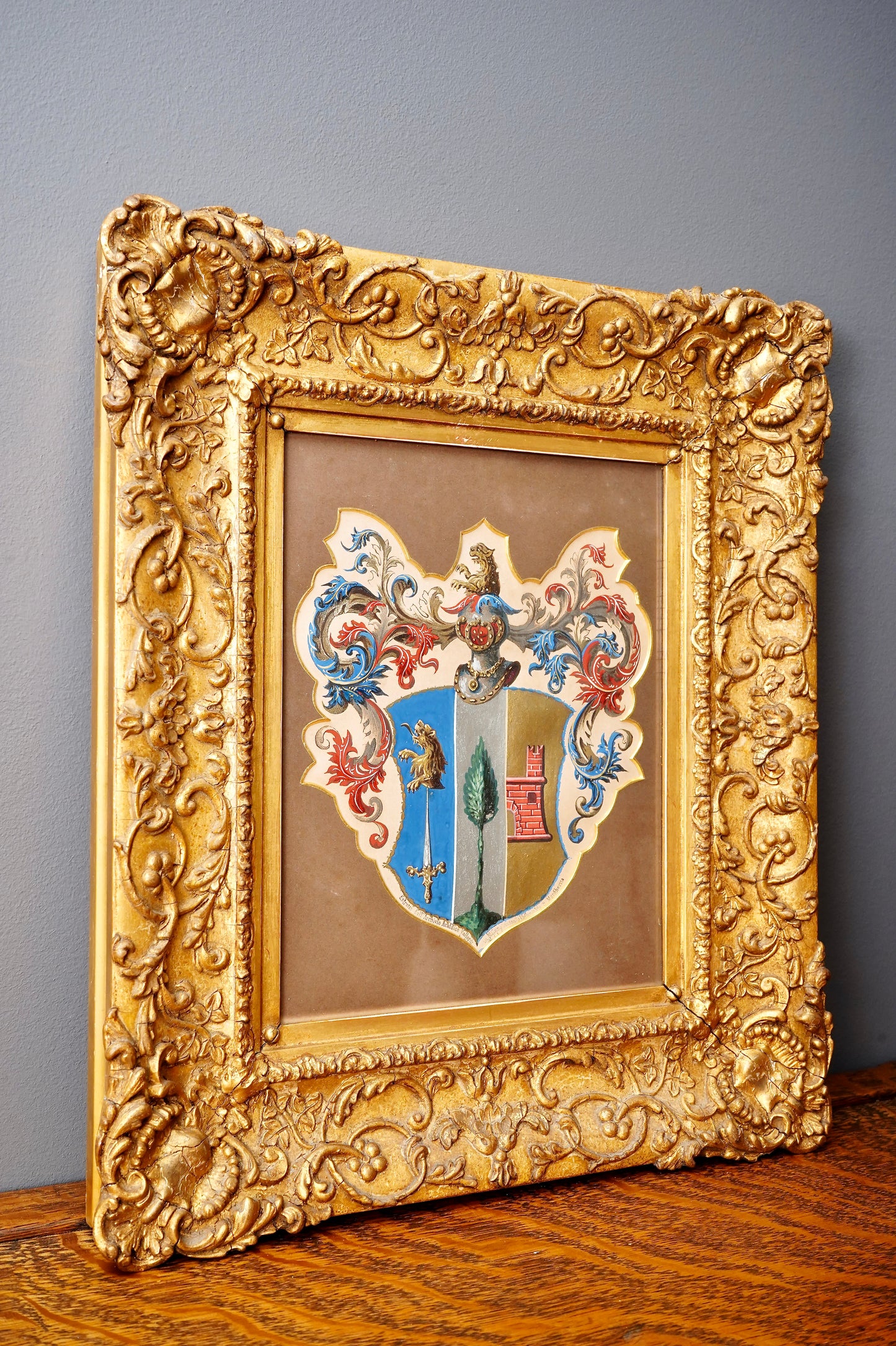 Antique 19th Century Heraldic Coat of Arms in Ornate Gilt Frame