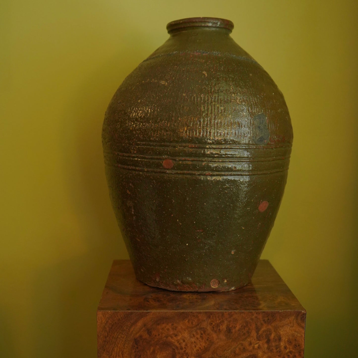 Vintage Chinese Stoneware Oil Jar with Ash Glaze, Rustic Pottery Vessel, 14.25 Inches