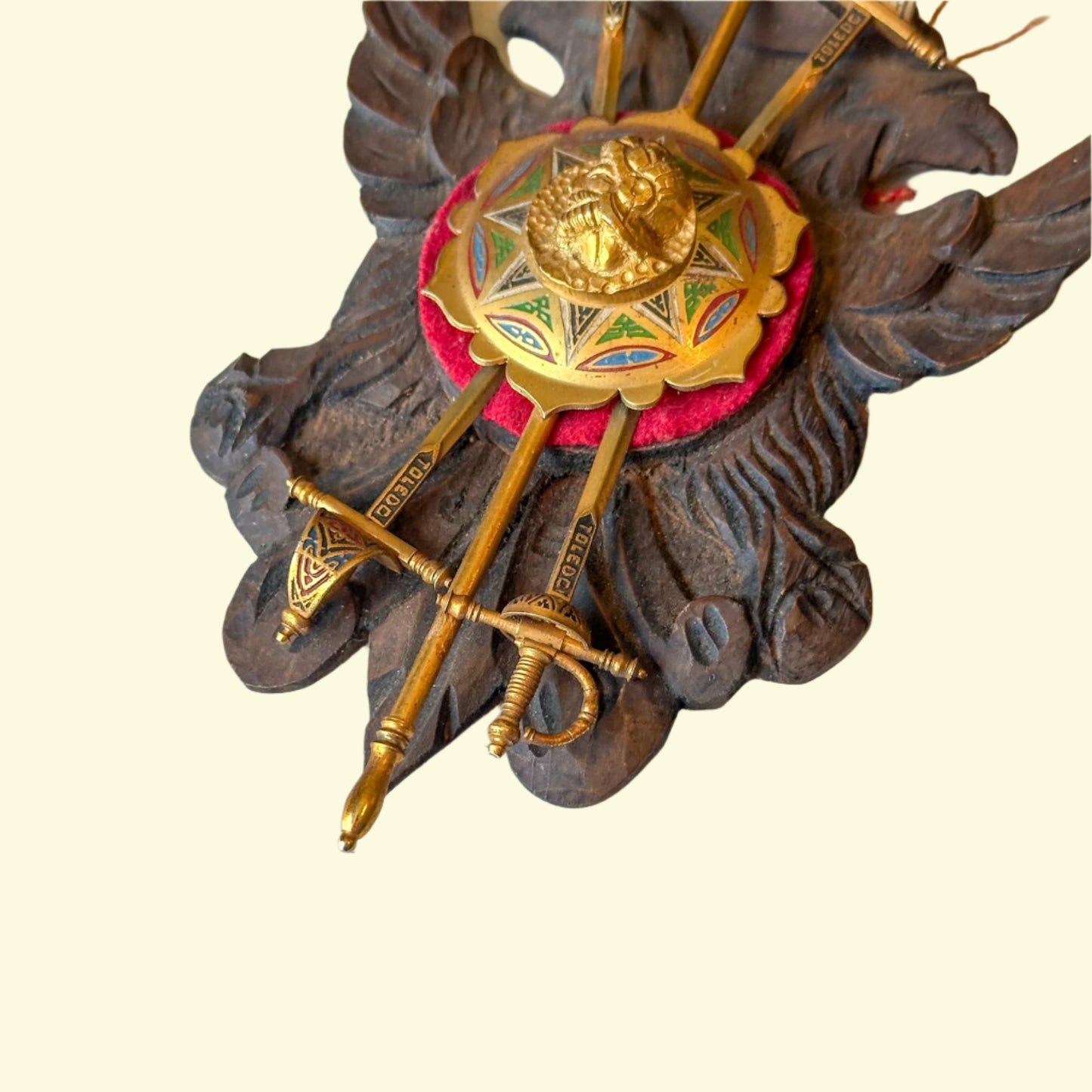 Vintage Spanish Toledo Miniature Wall Plaque | Hand-Carved Heraldic Crest