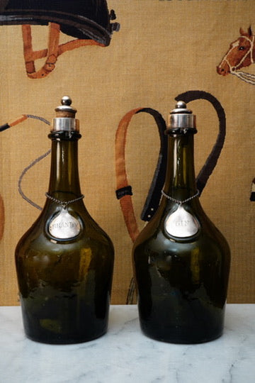 Antique Green Glass Gin and Brandy Decanters with Silver Plate Labels