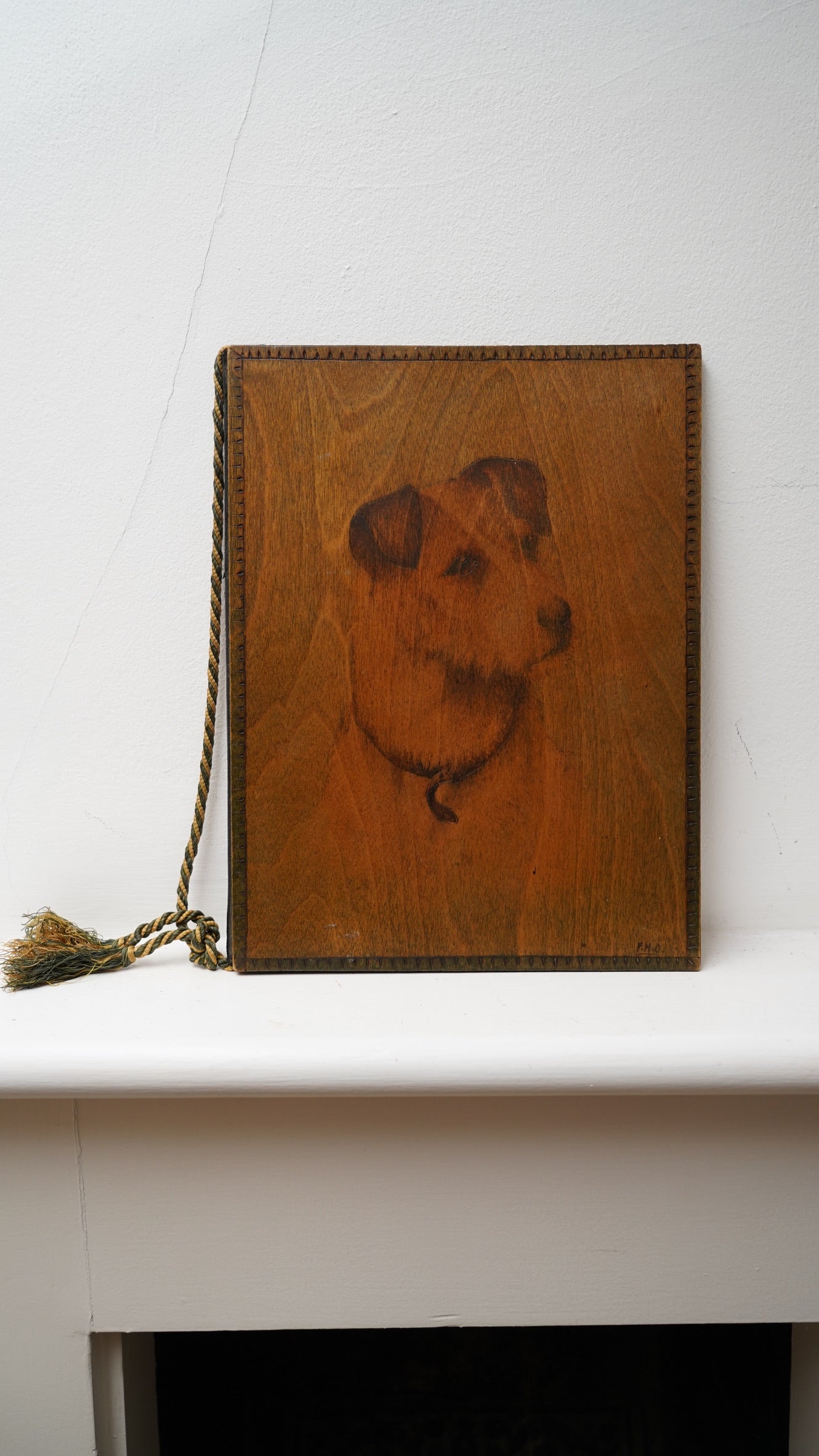 Antique Handcrafted Pokerwork Terrier Writing Blotter, Signed F.H.O., c. 1910–1930