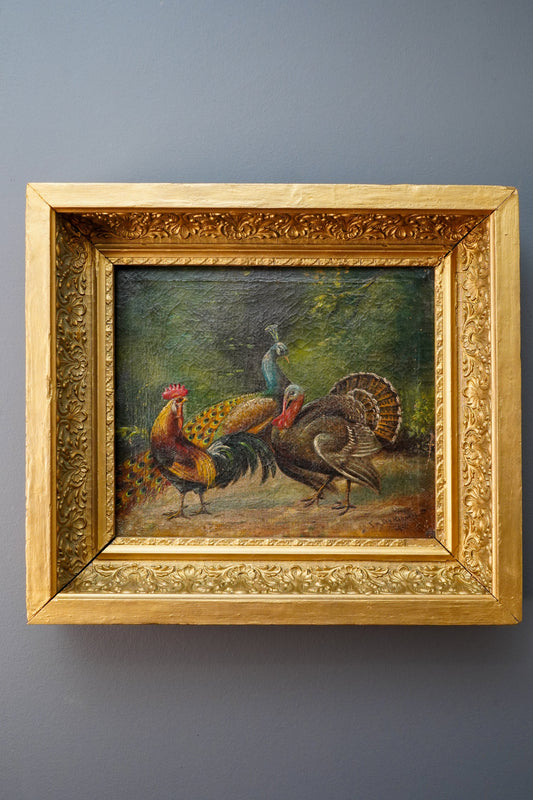 Antique Oil Painting of Peacock Turkey and Rooster in Gilt Frame, Signed & Dated