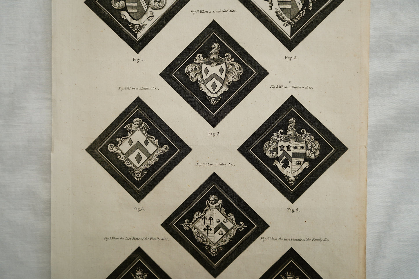 Antique Georgian Heraldry Engraving, Funeral Hatchments Diagram, c. 1790s, Plate 1