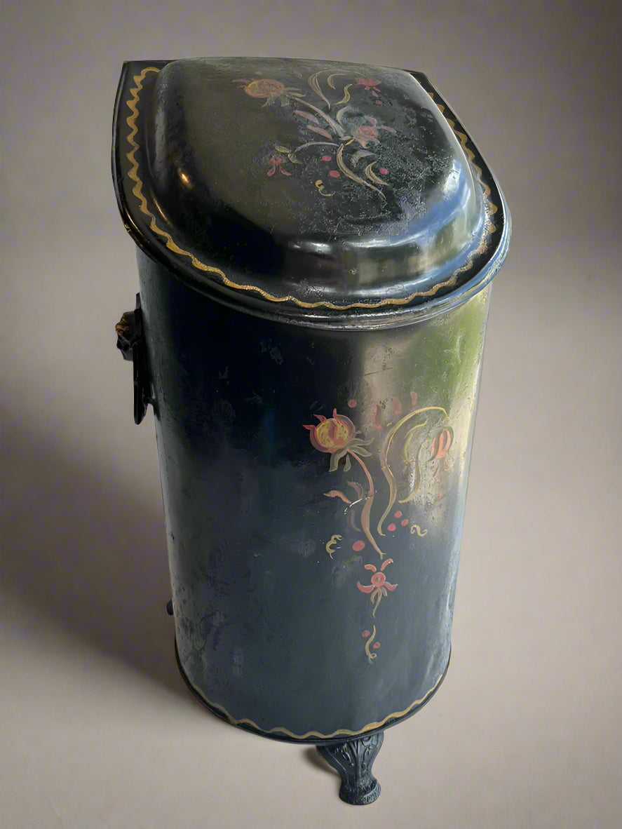 Antique European Hand‑Painted Tole Coal Scuttle | Victorian Fireplace Bucket, c.1880