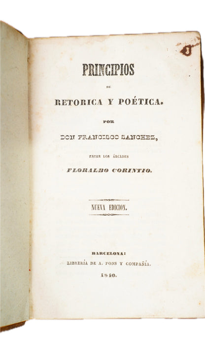 Sanchez Principios de Retorica y Poetica 1840 Antique Spanish Leather Book