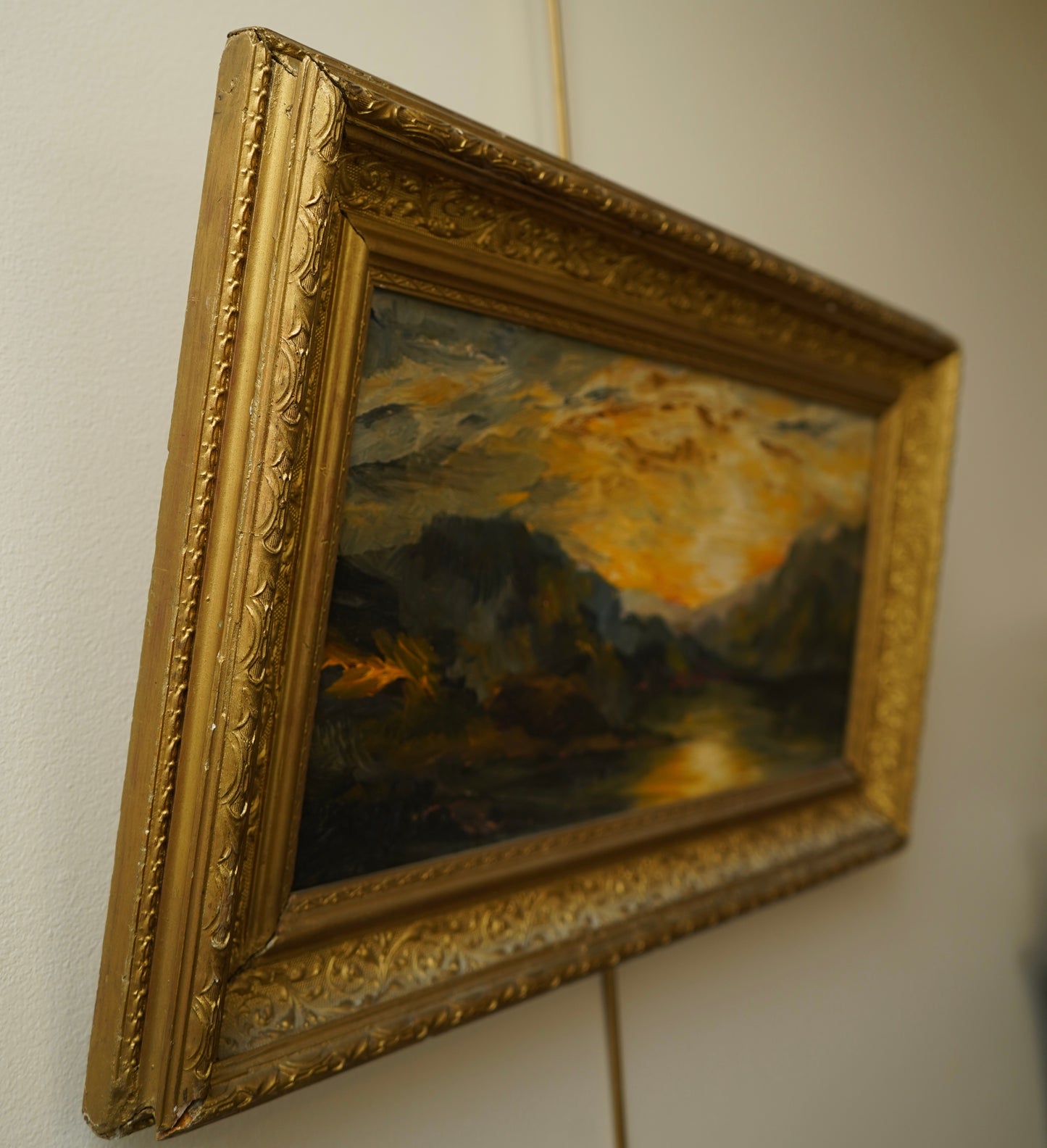 Early 20th Century Impressionist Oil Painting | Sunset Over River Valley in Gilt Frame