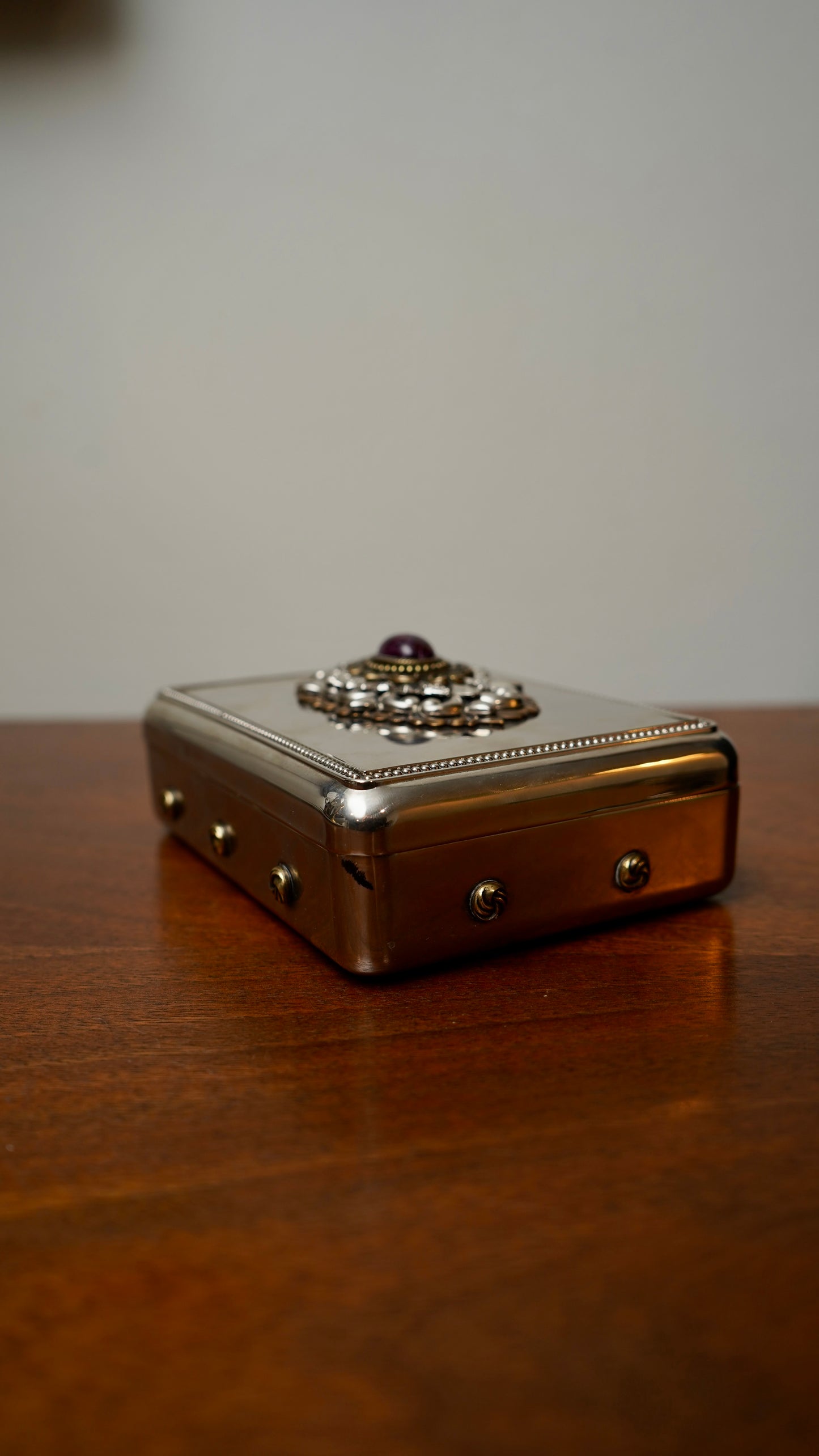 Vintage Silver-Plated Jewelry Box with Amethyst Glass Cabochon and Repoussé Medallion, Mid-20th Century