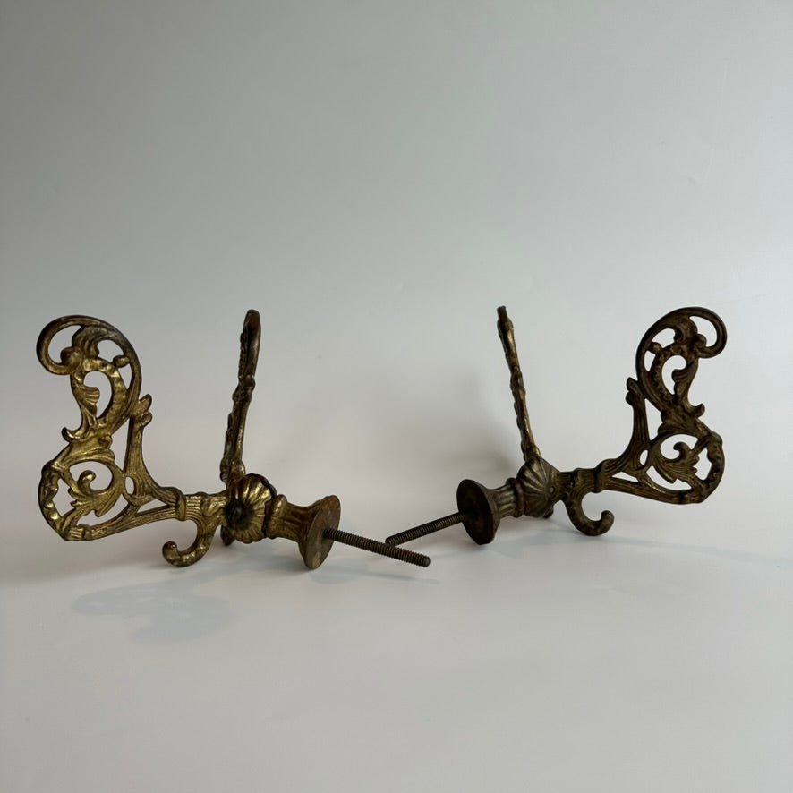 Large Antique Late-Victorian Cast-Brass Filigree Double Wall Hooks (Pair)