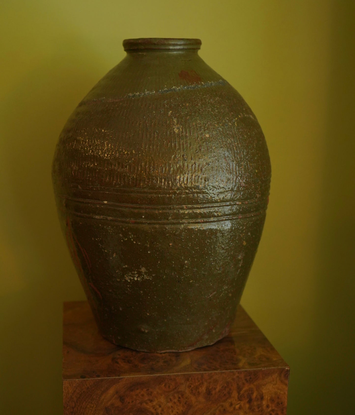Vintage Chinese Stoneware Oil Jar with Ash Glaze, Rustic Pottery Vessel, 14.25 Inches