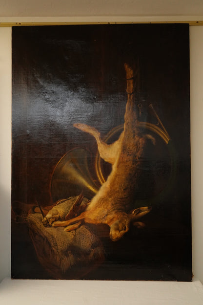Antique Large 19th Century Continental Hunting Still Life Oil Painting, Hare and Horn