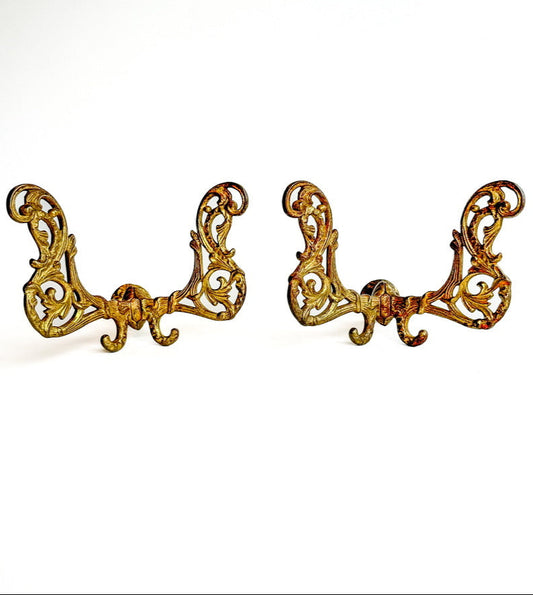 Large Antique Late-Victorian Cast-Brass Filigree Double Wall Hooks (Pair)