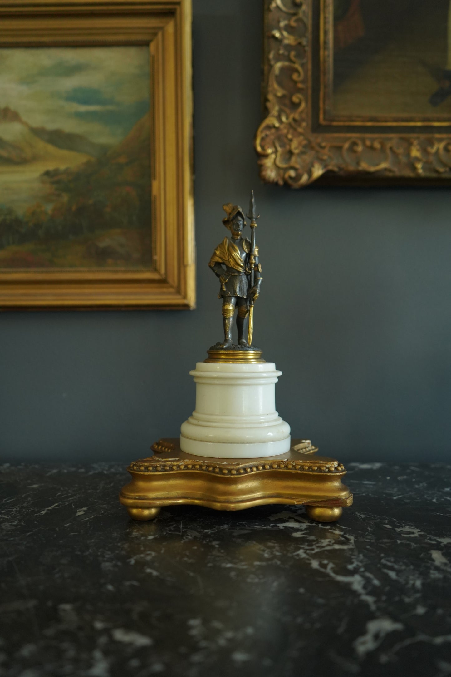 Antique French Bronze Renaissance Soldier Figure on Marble and Giltwood Base Circa 1880