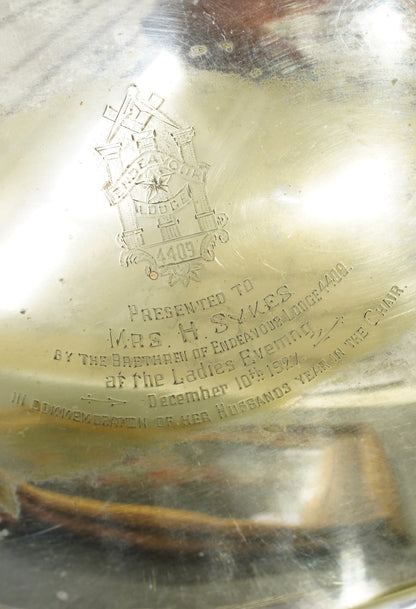 English Silver plate Navette Fruit Bowl, Masonic Presentation 1927