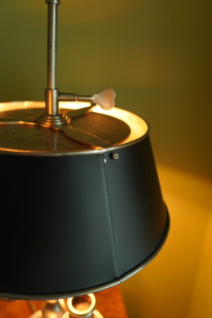 Bouillotte-Style Pewter Lamp with Adjustable Metal Shade & Dual Light Settings