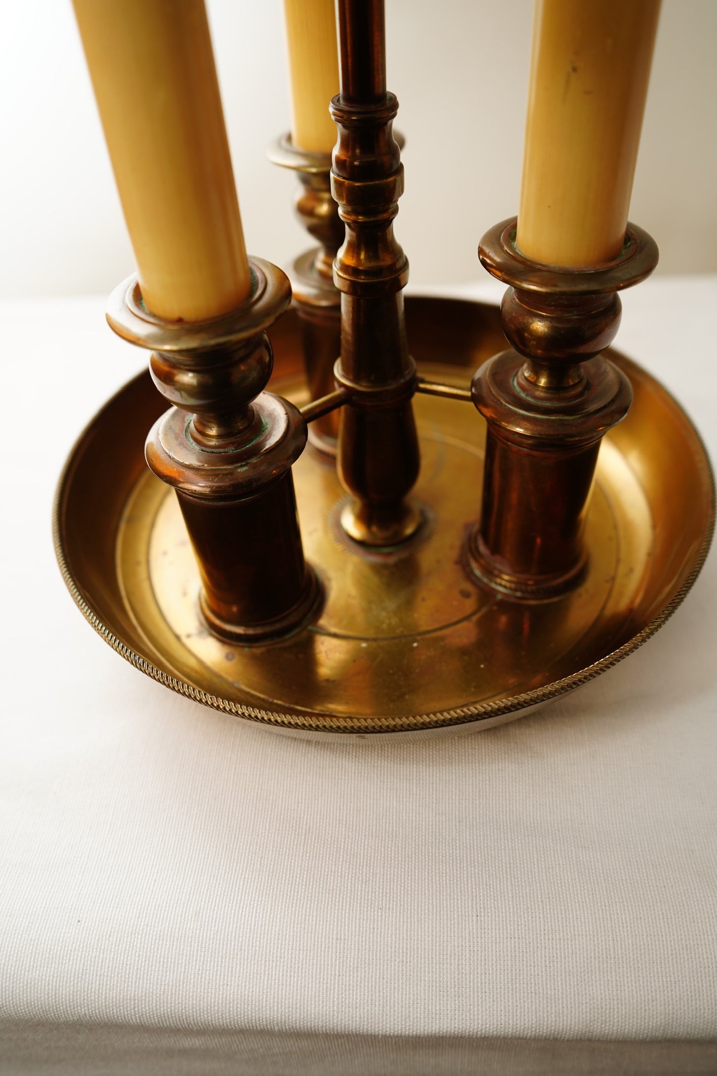 French Bouillotte-Style Three-Light Tole Shade Table Lamp, Black and Brass