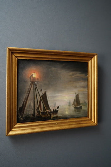 19th Century Moonlit Harbor Oil Painting on Panel After Petrus van Schendel
