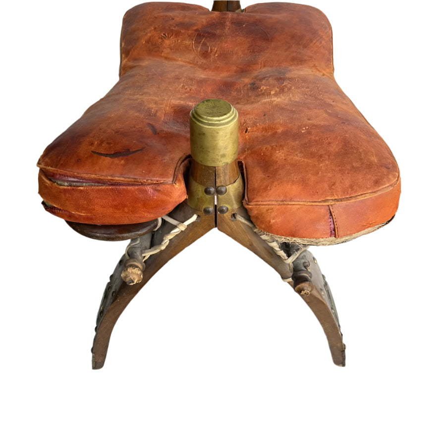 Vintage Middle Eastern Camel Saddle Stool with Embossed Leather Cushion & Brass Accents (c. 1950s)