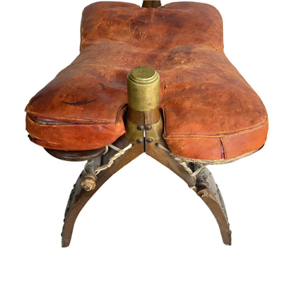 Vintage Middle Eastern Camel Saddle Stool with Embossed Leather Cushion & Brass Accents (c. 1950s)