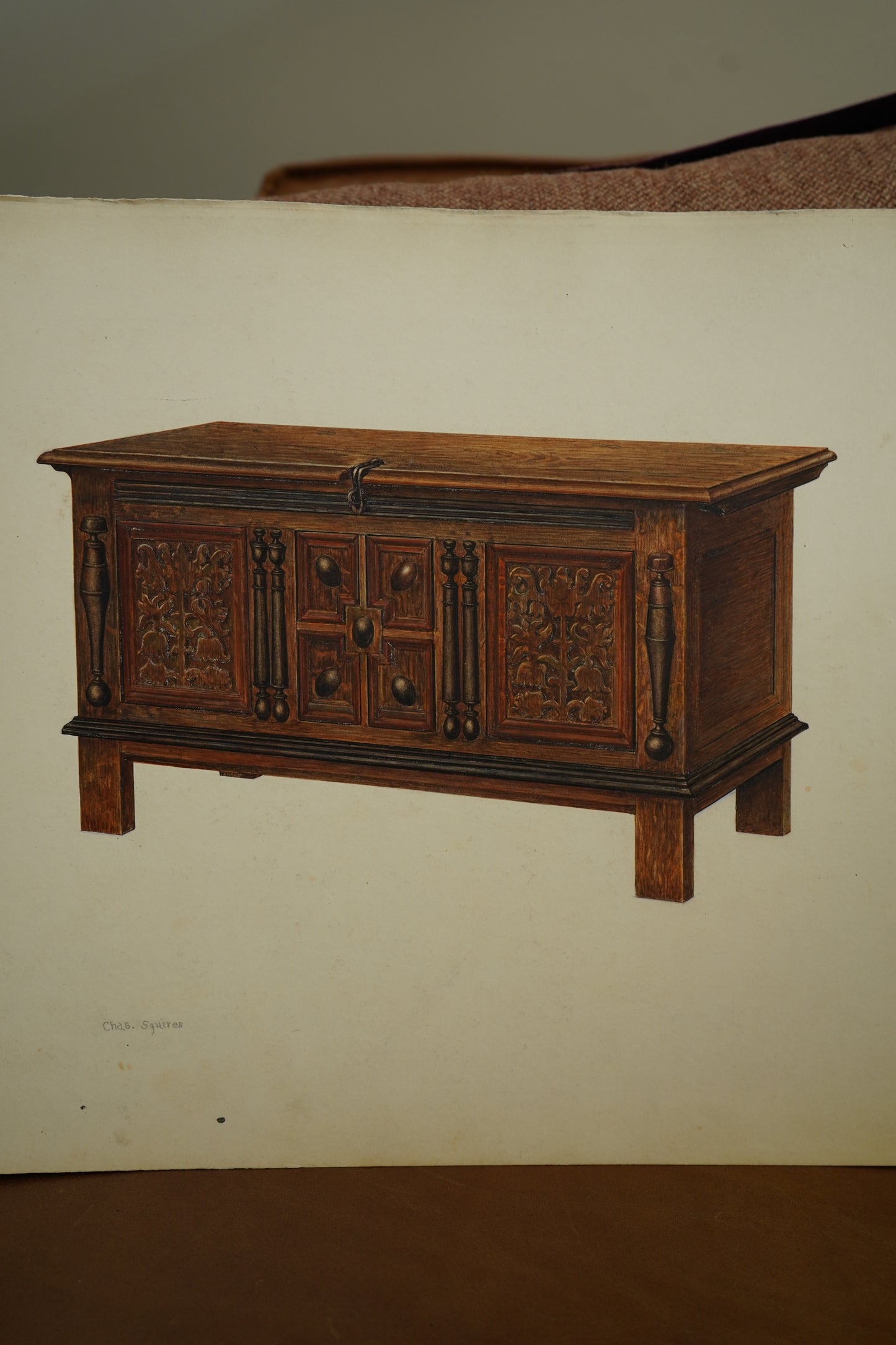 Antique Furniture Illustration – Colored Pencil Rendering of a Jacobean Oak Chest by Chas. Squires, c.